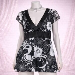 Vintage Y2K Wrapper Chiffon Floral Top Womens Large Black Goth Romantic